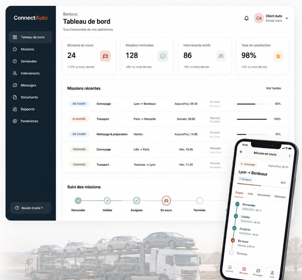 Portail client Connect Auto : tableau de bord de suivi des missions